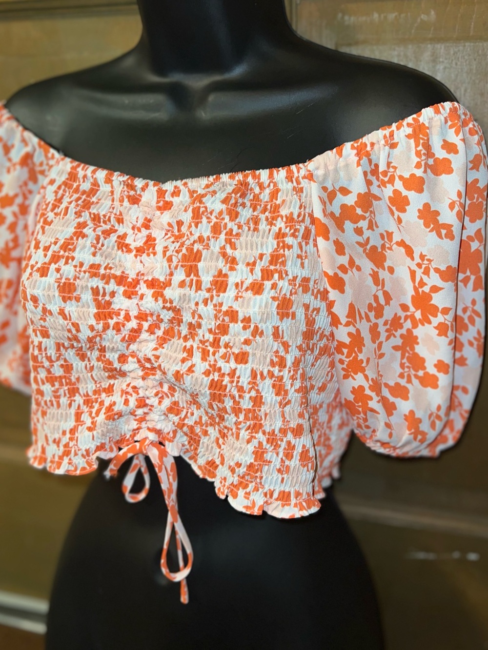 19 Cooper Floral Smocked Crop Top Puff Sleeve Tie Front Orange White Size XS - Picture 5 of 10